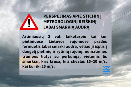 PERSPĖJIMAS APIE STICHINĮ METEOROLOGINĮ REIŠKINĮ – LABAI SMARKIĄ AUDRĄ